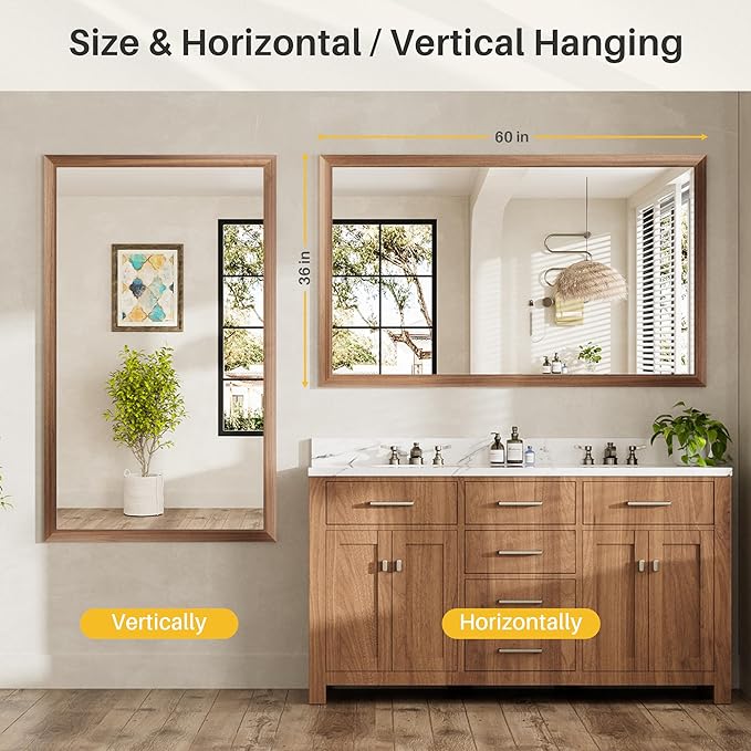 60x36 Inch Bathroom Mirror for Wall, Anti-Rust Walnut Wood Grain Metal Framed