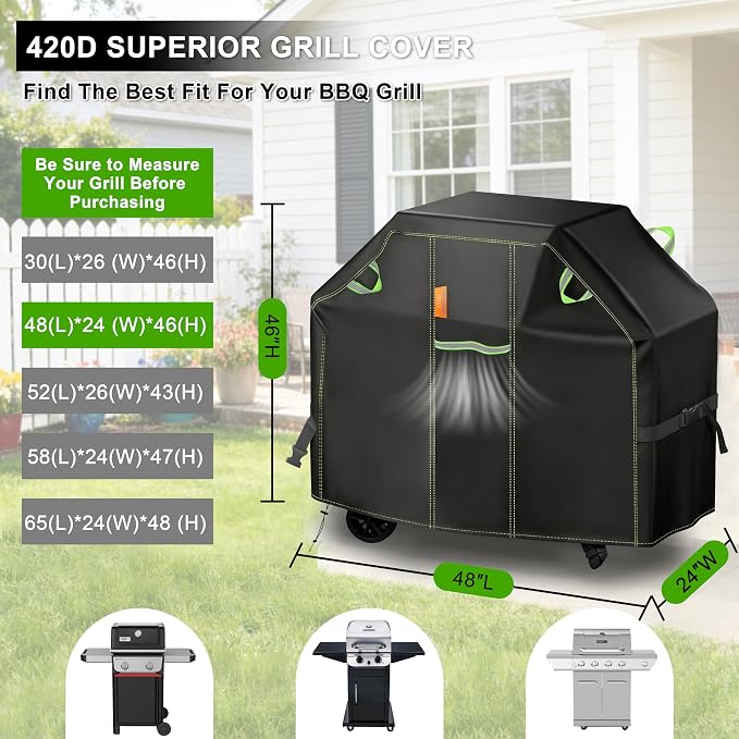 Grill Cover for Outdoor Grill, 48 Inch BBQ Grill Cover 420D Heavy Duty Waterproof with Air Vents/Handles/Straps, Weather Resistant Barbecue Gas Grill Cover for Weber, Genesis, Charbroil, etc
