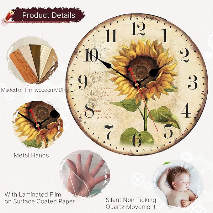 VIKMARI Art Decorative Arabic Numeral Wooden Wall Clock Battery Operated Quartz