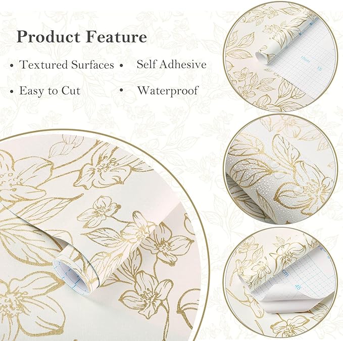 Ismoon Floral Wallpaper Peel and Stick Vintage Flower Beige and Gold Contact