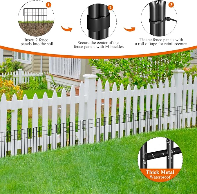 Garden Border Edging Fences, 12.32"*16.81" Decorative Fence Panel, Small Garden Fence Animal Barrier, No Dig Fences Barrier, Square 19 Pcs Black Metal Fencing, Dog Fencing Blocker for Yard, Flower Bed
