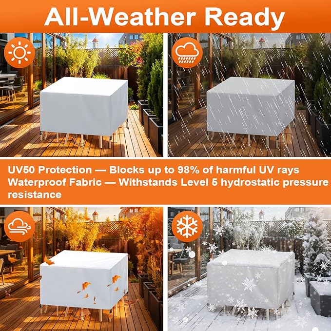 Patio Furniture Cover Rectangle 100"(L) x 48"(W) x 32"(H), Custom Heavy Duty 420D Waterproof Outdoor Cover with Drawstring & Buckles for Table Chair Garden, Silver