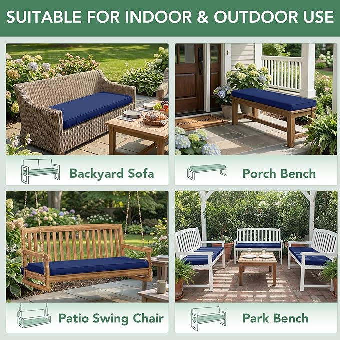 Summsun Outdoor Bench Cushion: Waterproof and Fade Resistant Patio Furniture Cushions - Non-Slip Bench Pad Cushion with Removable Cover for Garden Swing Porch Sofa Settee, 59 x 18 Inch, Navy Blue