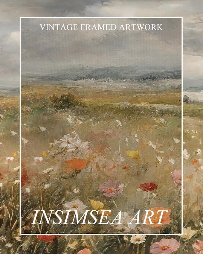 InSimSea Extra Large Framed Vintage Wall Art, Living Room Country Farmhouse Decor, Wildflower Field Flowers Landscape Canvas Prints, Retro Scenery Long Pictures for Bedroom Above of Bed,20x40inch