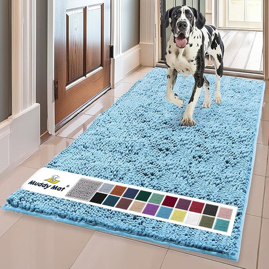 Muddy MatÂ® | Super Water Absorbent Door Mat Indoor, Microfiber Quick Dry Chenille Entryway Rug, Slip Resistant Front Door Mat, Indoor Mats for Entryway, Machine Washable Pet Rug, Sky Blue 35"x60"