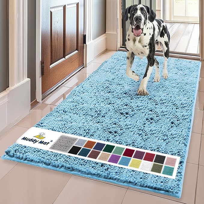 Muddy MatÂ® | Super Water Absorbent Door Mat Indoor, Microfiber Quick Dry Chenille Entryway Rug, Slip Resistant Front Door Mat, Indoor Mats for Entryway, Machine Washable Pet Rug, Sky Blue 36" x 120"