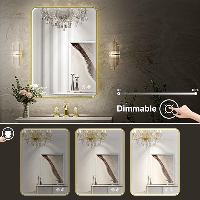 20X28 Inch Framed LED Lighted Bathroom Mirror, Wall Mounted Gold Metal Vanity