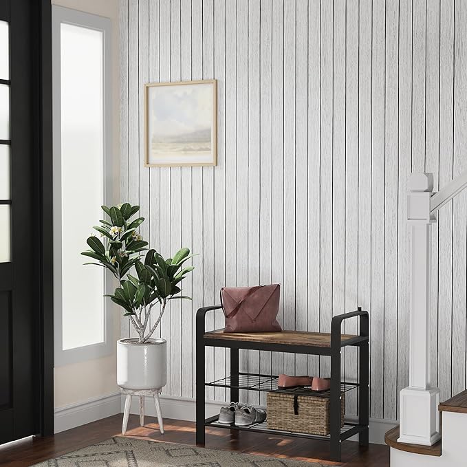 VEELIKE Whitewashed Oak Wood Wall Panel Peel and Stick Foam Slat Panels
