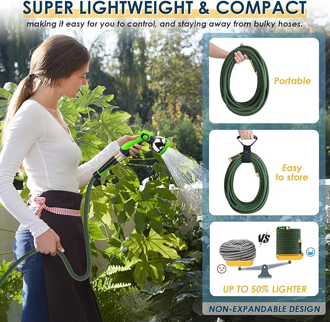 Non-Expandable Garden Hose 150 FT, Lightweight Hose with 10 Function Spray Nozzle, Kink-Free Flexible Water Hose, Durable, Leak-Proof, 360° Swivel Connectors, Portable Storage Strap