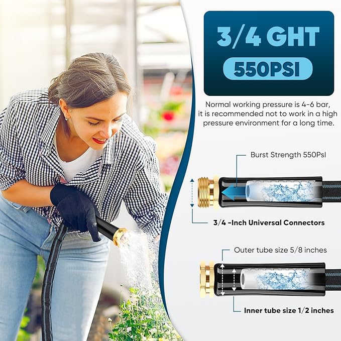 Garden Hose 50ft, Non-Expanding Water Hose, Flexible Ultra-Light, Anti-Kink, Wear-Resistant, Portable, Easy Storage, Hose with 3/4 for Outdoor, Garden, Yard and Lawn, Black Lake Blue
