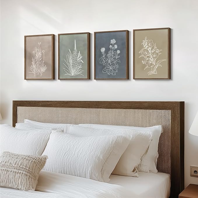 Framed Boho Botanical Wall Art for Living Room, 4 Piece Rustic Floral Canvas