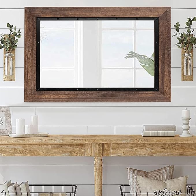 YOSHOOT Rustic Wooden Framed Wall Mirror, Natural Wood and Iron Bathroom Vanity