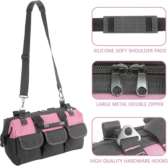 Garden Tools Bag 16inch Wide Mouth Women's Tool Bag with Molded Base and Plastic-Padded, Inside Pockets for Tool Storage,600D polyester fabric (Pink color)
