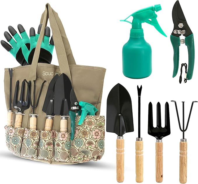 Scuddles All-in-One Gardening Tool Set with Large Storage Tote â Durable, Rust-Resistant Hand Tools with Ergonomic Grip for Digging, Weeding & Planting â Ideal Garden Gift for Women, Men & Beginners