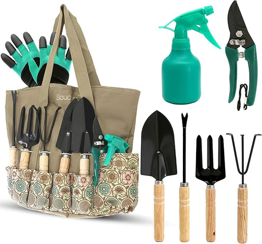 Scuddles All-in-One Gardening Tool Set with Large Storage Tote â Durable, Rust-Resistant Hand Tools with Ergonomic Grip for Digging, Weeding & Planting â Ideal Garden Gift for Women, Men & Beginners