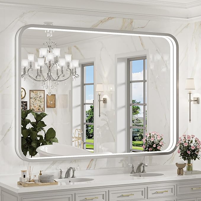 40x30 Inch LED Mirror for Bathroom, Brushed Sliver Metal Frame Lighted Vanity
