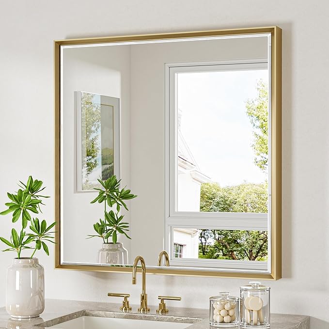 Gold Bathroom Mirror 36x36 Inch Square Beveled Bathroom Vanity Mirror Brushed
