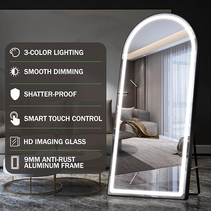 FENNIO Full Length Mirror with Lights, Free Standing Lighted Floor Mirror