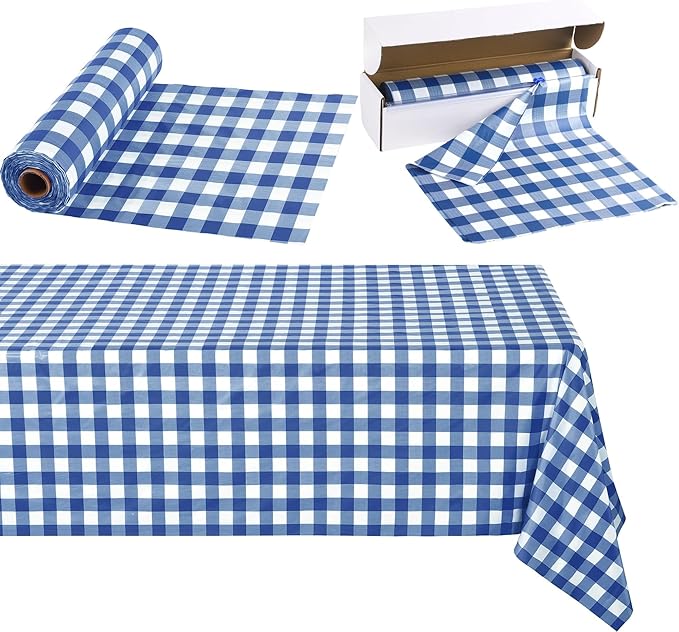 Kochorie 54 Inch x 100 Ft Blue Checkered Plastic Table Cloth Roll Disposable