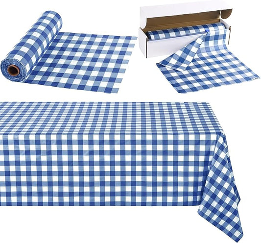 Kochorie 54 Inch x 100 Ft Blue Checkered Plastic Table Cloth Roll Disposable
