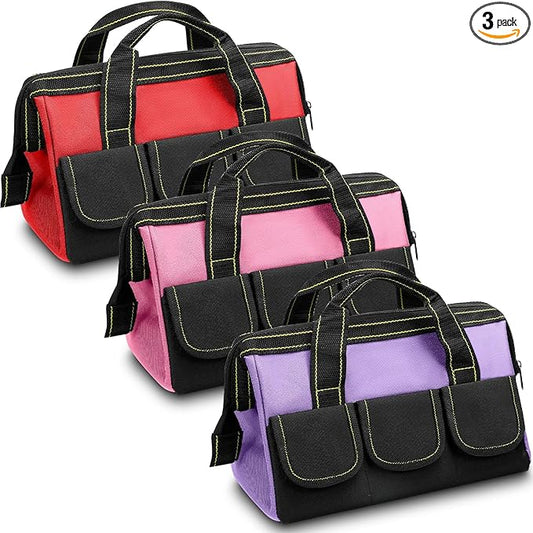 Sanwuta 3 Pack Tool Bag for Men with Waterproof Hard Bottom, Heavy Duty Tool Bag Wide Mouth Tote for Various Instrument, Electrician Carpenter Mechanic(Red, Pink, Light Purple,16 Inch,Classic)