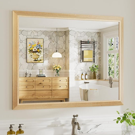 40x32 Inch Bathroom Mirror for Wall, Anti-Rust Oak Wood Grain Metal Framed