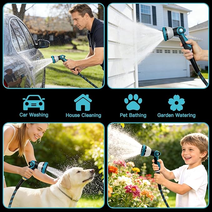 Gardentime 25FT Non-Expandable Garden Hose, Heavy Duty Flexible Water Hose with Leakproof 3/4" Fittings 10 Modes Spray Nozzle, Kink-Free, Lightweight & Durable for Yard, Lawn, Garden & Outdoor Use
