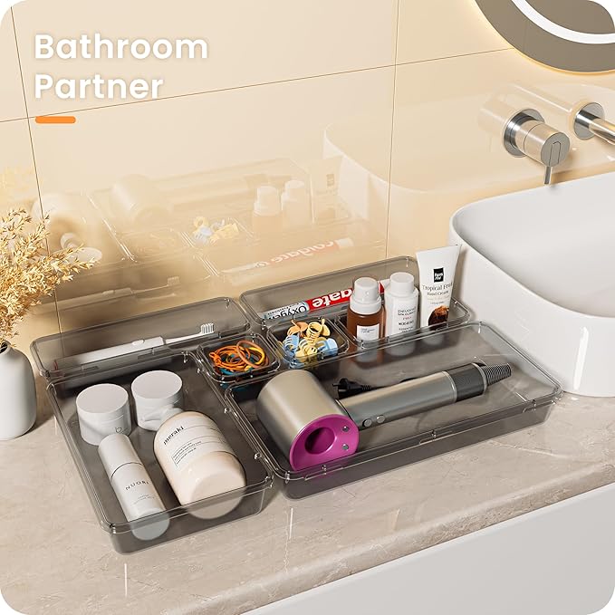 A-LuGei 【Military Grade】 Drawer Organizer, 【𝟱𝗦𝗶𝘇𝗲】 Clear Makeup organizer, 【Holds 177 Items】 Bathroom Organizers and Storage, Plastic Desk Organizer Divider, Organizer Bins for Office Vanity