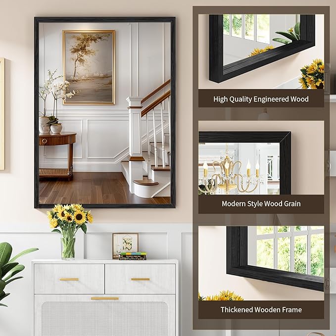 Syndra Black Wood Frame Bathroom Mirror, Waterproof Slim Deep Frame,
