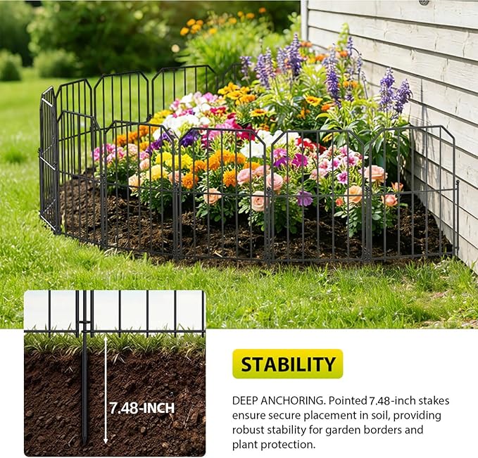 VANCASTLE Decorative Garden Fence, Toatal 10FT(L) x 24IN(H) Outdoor Metal No Dig Fence Animal Barrier, Rustproof No-Tool Assembly Landscape Edging for Yard, Lawn, Patio, Flower Bed-10 Panels Design A