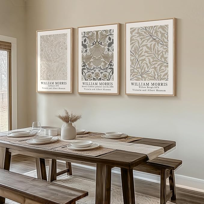 Framed Large William Morris Vintage Wall Art Set of 3, Large Neutral Botanical