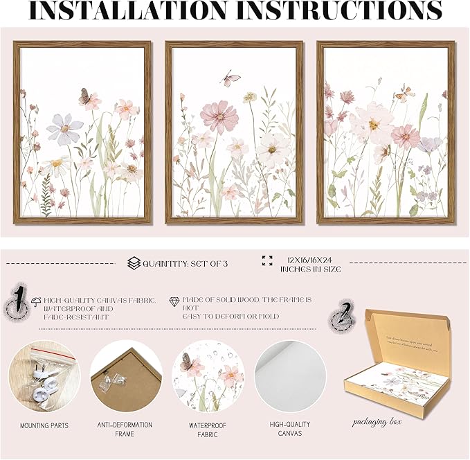 Framed Wildflower Wall Art Set of 3, Vintage Flower Botanical Paintings