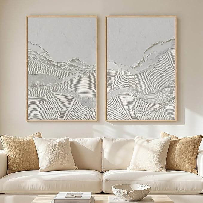 Large Framed White Abstract Wall Art Set of 2