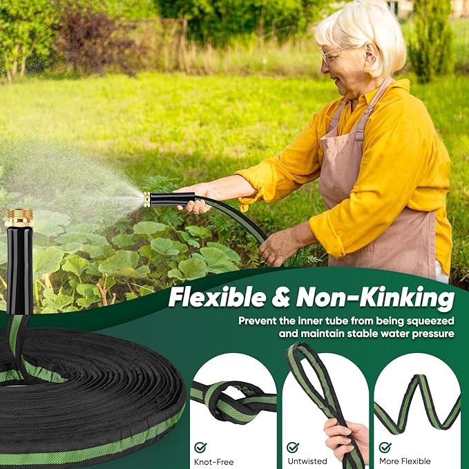 Garden Hose 50ft, Non-Expanding Water Hose, Flexible Ultra-Light, Anti-Kink, Wear-Resistant, Portable, Easy Storage, Hose with 3/4 for Outdoor, Garden, Yard and Lawn, Black Green