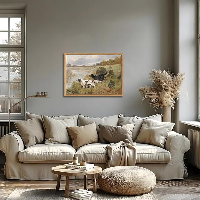 Floating Framed Vintage Hunting Dog Wall Art, Classic Countryside Landscape