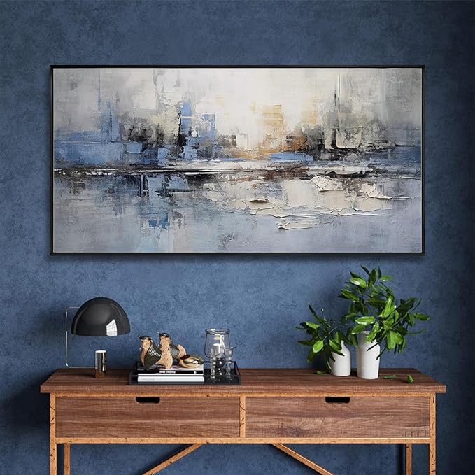Abstract Wall Art Blue and White Reflection Large Size Framed Artwork Wall