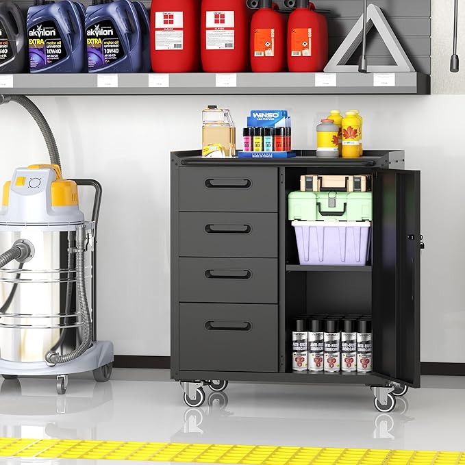 Metal Storage Cabinet with Wheels, Garage Storage Cabinet with 1 Door and 4