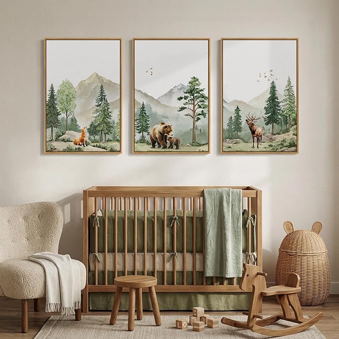 Framed Rustic Forest Animal Wall Art, 3 Piece Nature Landscape Deer Bear Fox Canvas Artwork for Modern Farmhouse, Watercolor Wildlife Woodland Painting Prints for Living Room Bedroom Nursery, 16x24