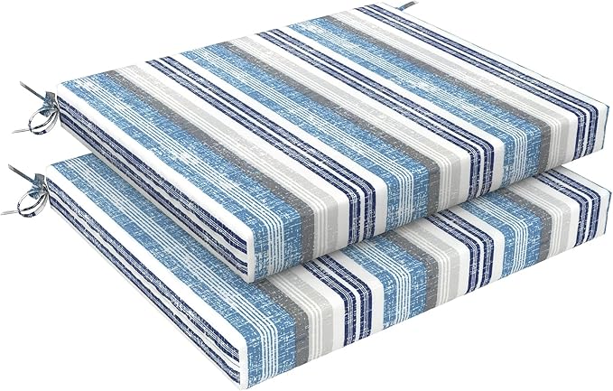 LVTXIII Outdoor Chair Cushions, Fade-Resistant Patio Furniture Cushions Outdoor Chair Pads with Ties for Dining Chairs and Garden Furniture Use, 18.5"x16"x2" 2 Pack, Stripe Layered Blue
