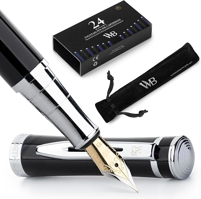 Wordsworth & Black Fountain Pen Set, Extra Fine Nib, Includes 24 Pack Ink Cartridges, Ink Refill Converter & Gift Pouch, Chrome Finish, Calligraphy, [Black Chrome], Perfect for Men & Women