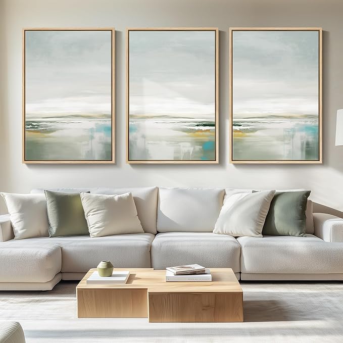 Large Framed Green Abstract Landscape Wall Art for Living Room, 3 Piece Canvas Prints Paintings Artwork for Walls, Modern Minimalist Pictures for Dining Room, Hallway, Office Wall Decor 24x36 In