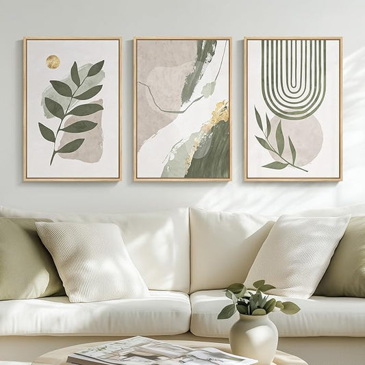 Large Framed Boho Sage Green Abstract Wall Art