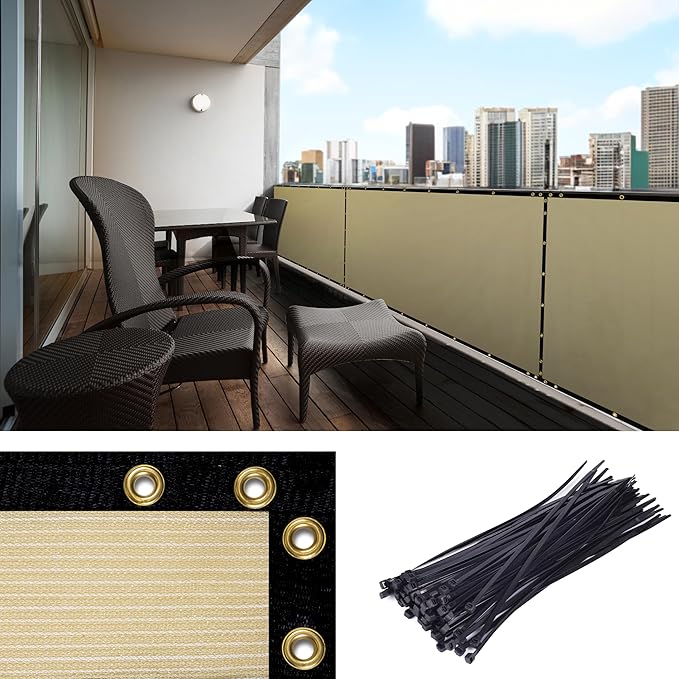 Amgo Custom Made 3' x 88' Beige Balcony Privacy Screen, Apartment Porch Railing Patio Fence Windscreen Fabric Cloth, Heavy Duty, Commercial and Residential, 90% Blockage (We Customize)