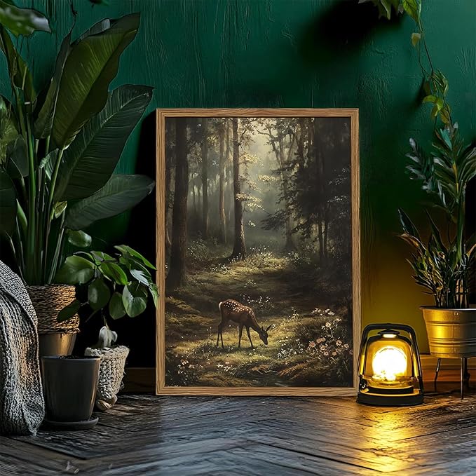 Framed Vintage Forest Deer Canvas Wall Art, Rustic Nature Landscape Paintings