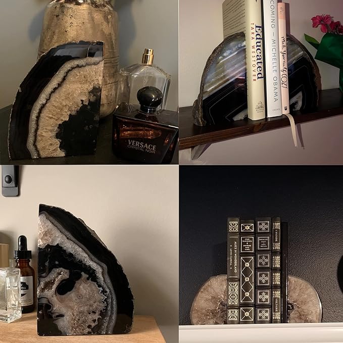 JIC Gem Black Agate Bookend(s) geode bookends Large Book Ends for Shelves 1 Pair 6 to 8 Lbs Book Ends to Hold Books Heavy Duty from Brazilian with Rubber Bumpers for Office and Home Decoration