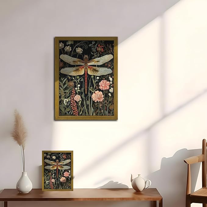 Framed Hand Drawn Sandstone Dragonfly Wall Art, Vintage 3D Textured Nature