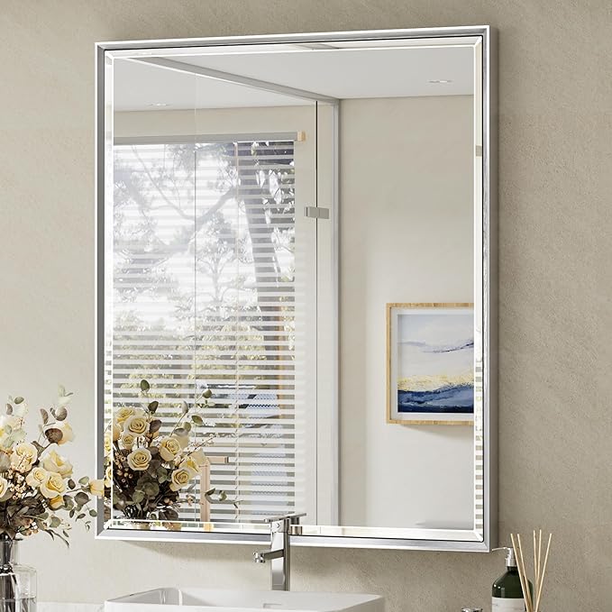 Silver Bathroom Mirror, 30x36 Inch Beveled Silver Vanity Mirror