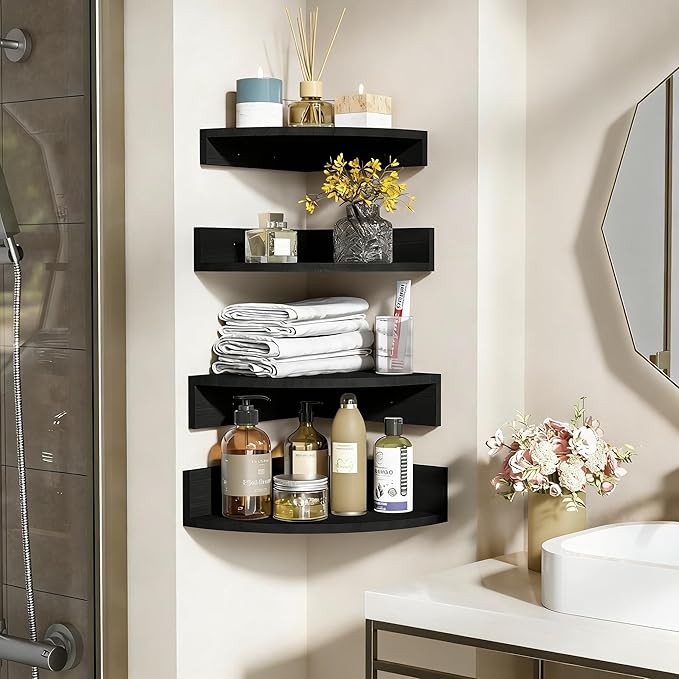 Alsonerbay Black Corner Wall Shelf, Floating Shelves Wall Mount Set of 4