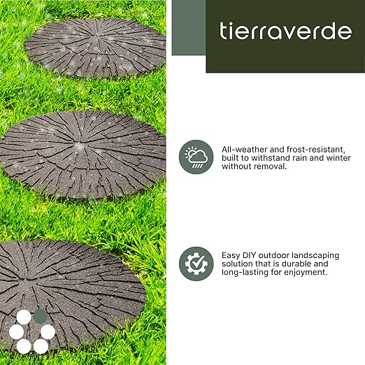 Tierra Verde 4-Pack 18”x18” Fake Cracked Log Rubber Stepping Stones, Round, Brown – Reversible Non-Slip Outdoor Faux Decorative Set for Landscaping – DIY Decor for Walkways & Yard Pathways