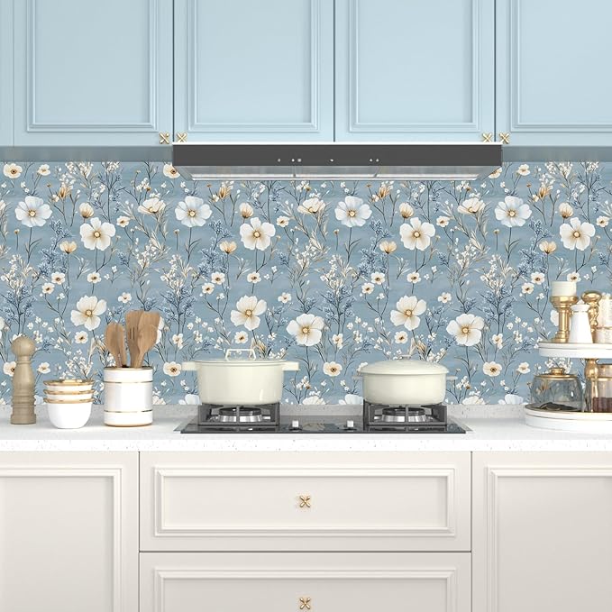 Laatse Blue Floral Peel and Stick Wallpaper White Botanical Contact Paper